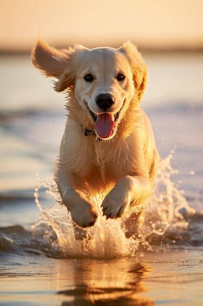 Un Perro Corriendo En El Agua Con La Lengua Fuera Foto Premium