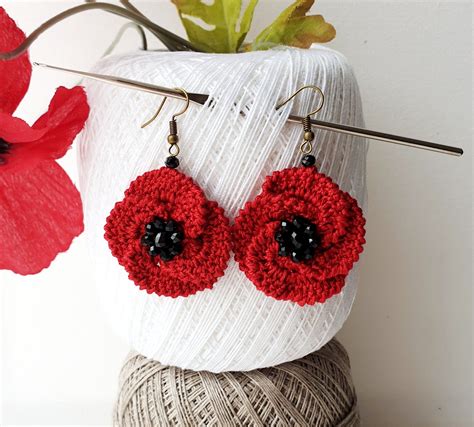 Crochet Earrings Poppy Earrings Dangle Earrings Red Etsy Uk Crochet Earrings Crochet Poppy