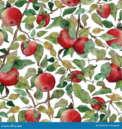 Seamless Pattern Apple Tree Branch With Red Apples Watercolor Stylized