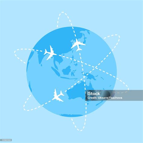 White Planes Flying Around The Blue Earth Globe Vector Illustration