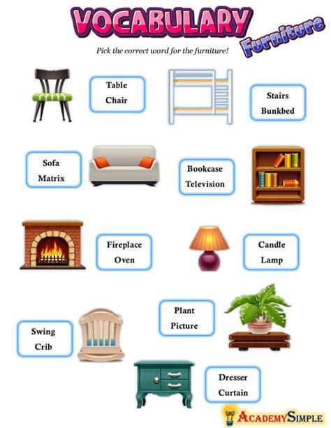 Words And Vocabulary Worksheets Furniture Names Academy Simple