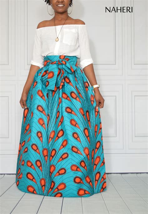 African Print Maxi Skirt Lila Ankara Skirt In Blue With Sash Tie Belt