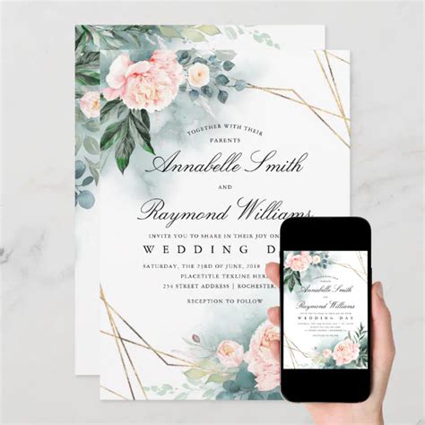 Blush Pink Floral Gold Frame Peony Wedding Invitation Zazzle