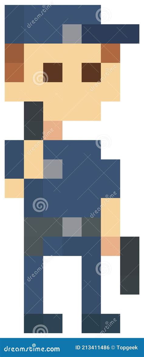 Pixel Police Man With Pistol Officer Stands In Blue Uniform Stock
