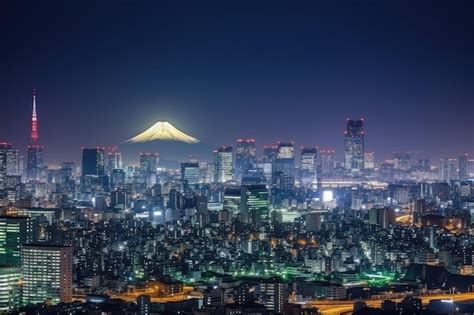 Tokyo skyline at night with view of Mount Fuji | Premium AI-generated image