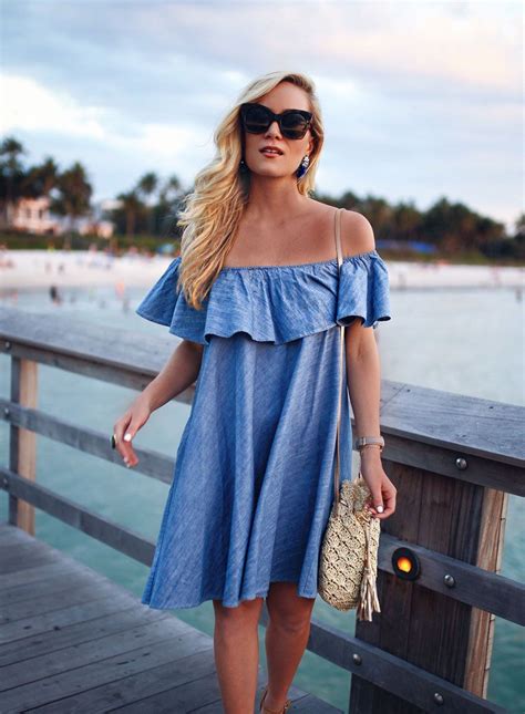 Chambray Off The Shoulder Dresses Are A Must This Season Florida Outfits Florida Fashion