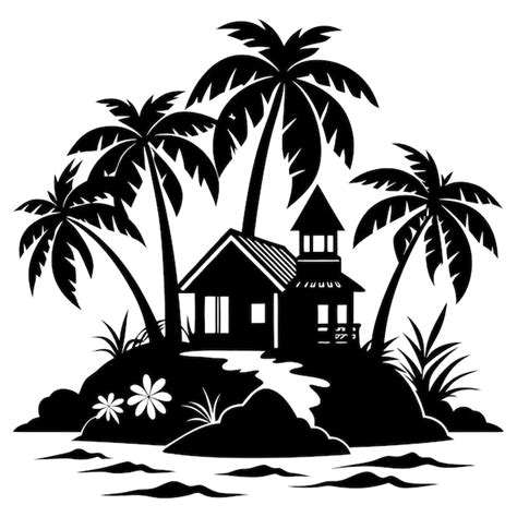 Premium Vector | A black and white picture of a house on a beach