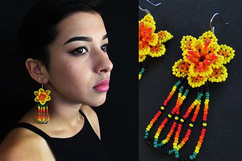 Yellow Huichol Flower Earrings Mexican Beaded Flower Earrings Native