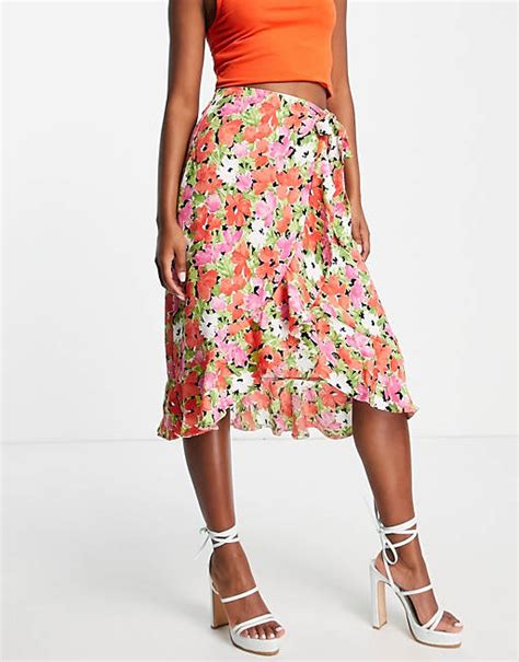 Ax Paris Wrap Midi Skirt In Red Floral Asos