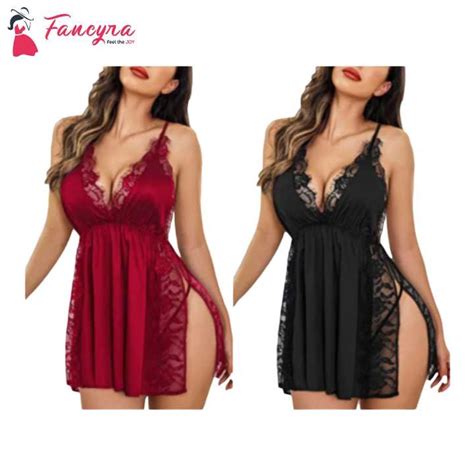 Fancyra Babydoll Nightwear Combo Lingerie Satin Lace Chemise Nightgown Sexy Side Slit Sleepwear