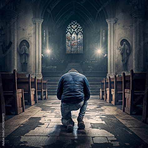 Man Praying On His Knees In A Church Generative AI Stock Illustration