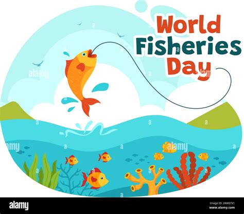 World Fisheries Day Vector Illustration Of Fisherman With Fishing Rod