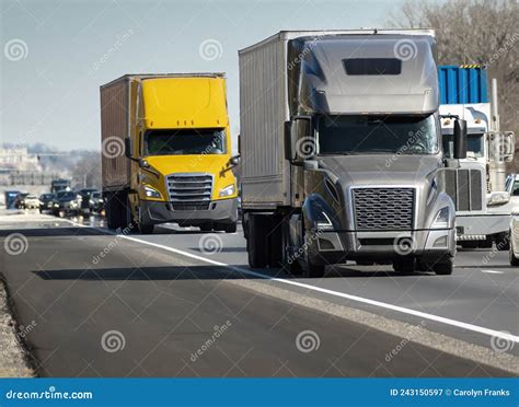 Heavy Semi Trucks Convoy On The Interstate Stock Image Image Of