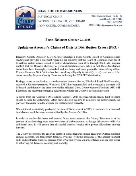 Curry - Press Release: October 23, 2025 Update on Assessor’s Claims of District Distribution