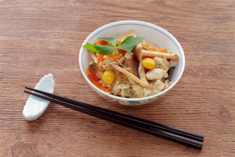 Japanese Cuisine Takikomi Gohan Chicken And Mushroom Rice Stock Photo