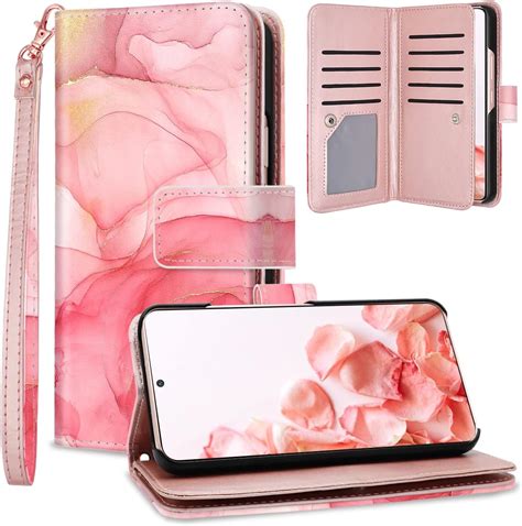 Fingic For Samsung Galaxy S22 Plus Case Wallet Rose Gold Marble 9 Card Holder Pu