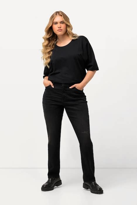 Lightly Distress Straight Leg Jeans Black Ulla Popken