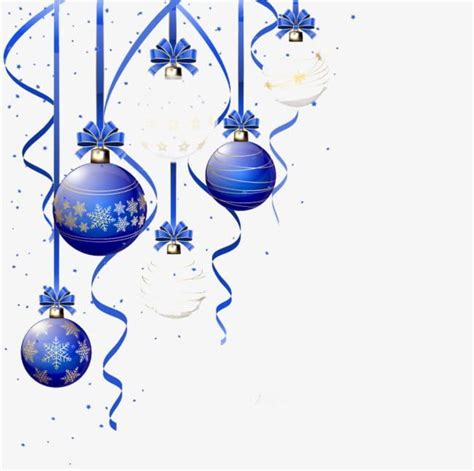 Blue And White Christmas Ornaments Hanging From Strings On A White