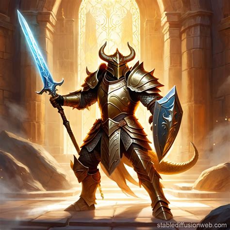 Bronze Dragonborn Paladin With Sword And Shield Stable Diffusion Online