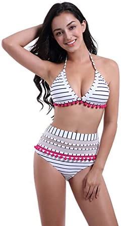 Amazon QULIN Women S Swimsuit High Waist Mesh Striped Tassel Trim Top Halter Straps Bikini