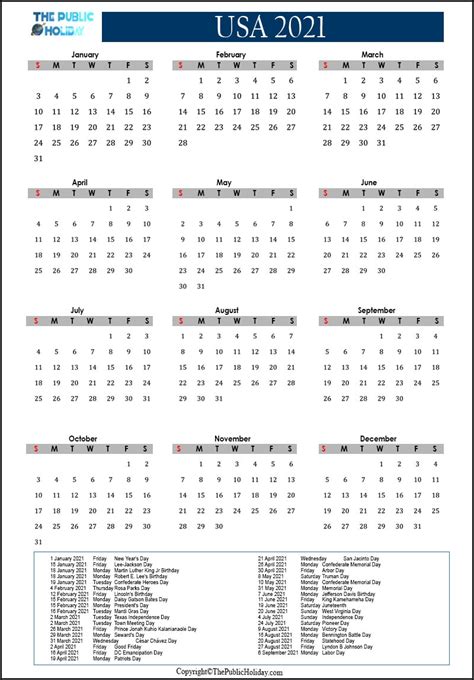 Us Holidays 2021 Calendar Public National Federal Bank