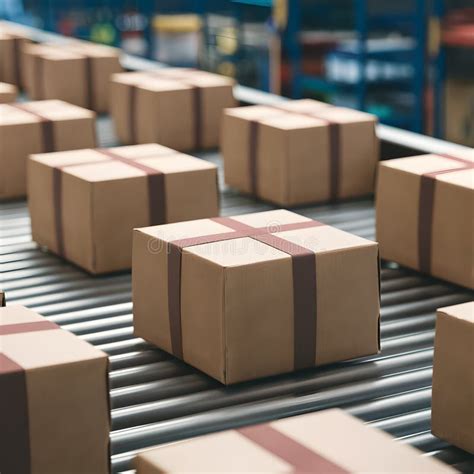 Multiple Cardboard Box Packages Move Along Conveyor Belt Close Up