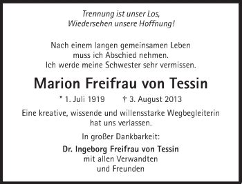 Traueranzeigen Von Marion Freifrau Von Tessin Sz Gedenken De