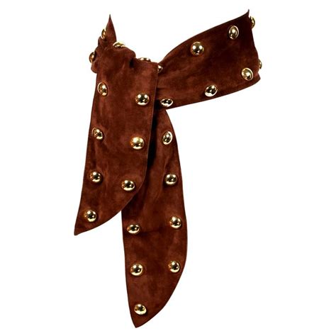 1989 Yves Saint Laurent Brown Suede Belt With Oversized Gold Studs In