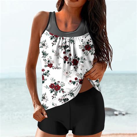 Tianek Modest Women S Swimsuit Tankini Beach Vacation Floral Print Pleated Summer Bathing Suits