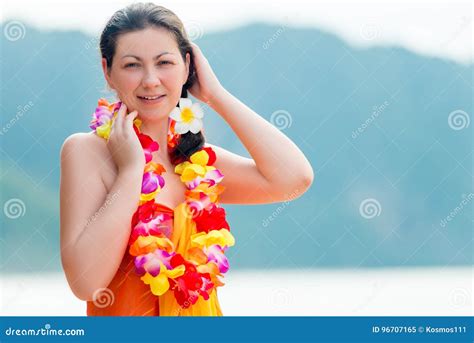 Beautiful Brunette With Beads Traditional Floral Hawaiian Lei Stock Image Image Of Person