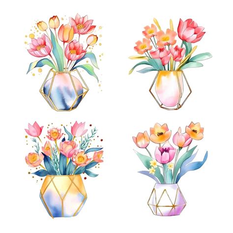 Vase Avec Collection De Peinture Aquarelle De Fleurs Vecteur Premium