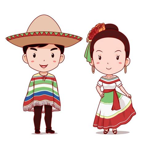 Cute Couple Of Cartoon Characters In Mexican Traditional Costume