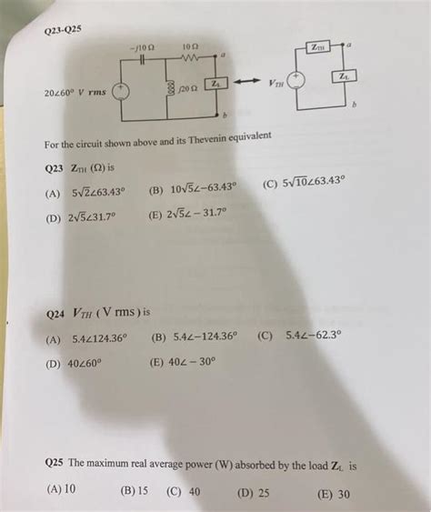 Solved Q23 Q25 Z₁ 2₁ VTH 20260 V rms 2002 For the circuit Chegg