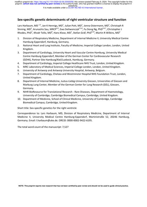 Pdf Sex Specific Genetic Determinants Of Right Ventricular Structure