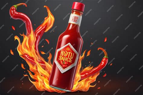 Hot Chili Sauce On Fire Vector Realistic Product Placement Mock Up Bottle Label Design Premium