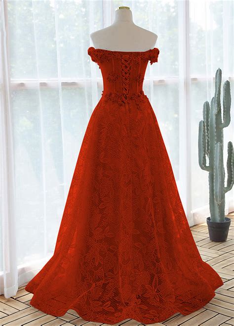 A Line Red Lace Off Shoulder Sweetheart Prom Dress Red Lace Evening D