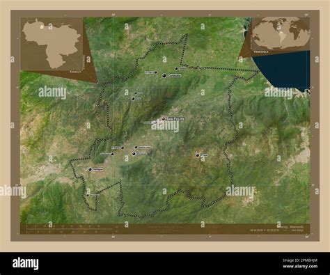 Yaracuy, state of Venezuela. Low resolution satellite map. Locations and names of major cities ...