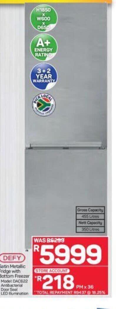 Defy Satin Metallic Fridge With Bottom Freezer Offer At Pick N Pay