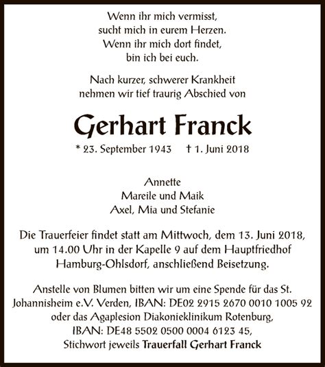 Traueranzeigen Von Gerhart Franck Trauer Kreiszeitung De