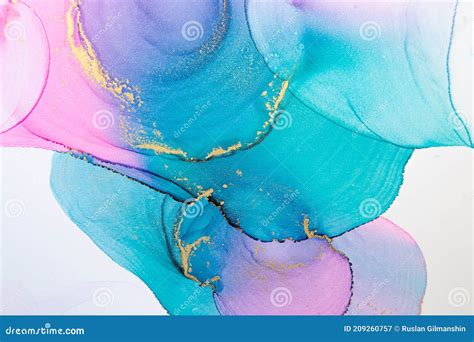 Closeup Of Gold Blue And Pink Alcohol Ink Abstract Texture Trendy