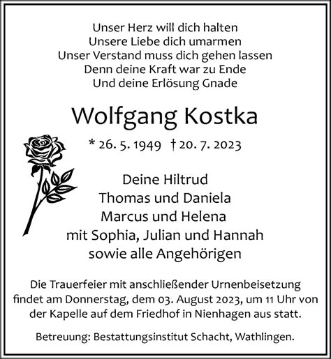 Traueranzeigen Von Wolfgang Kostka Trauerportal Der Celleschen Zeitung