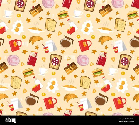 Breakfast Seamless Pattern With Sandwiches Cake And Coffee Flat Vector