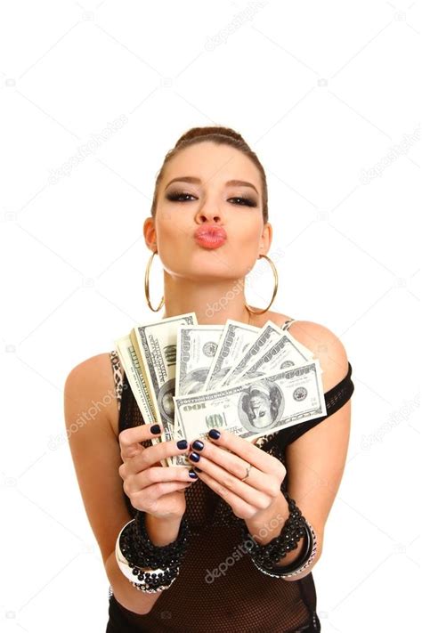 Sexy Brunette Girl Holding Dollars On A White Background Stock Photo Majesticca
