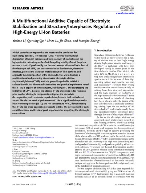 A Multifunctional Additive Capable of Electrolyte Stabilization and ...
