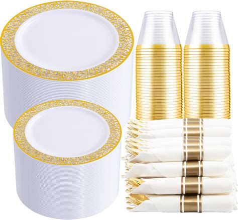 Amazon Oridom 350 Pieces Gold Plastic Dinnerware Set For 50 Guests