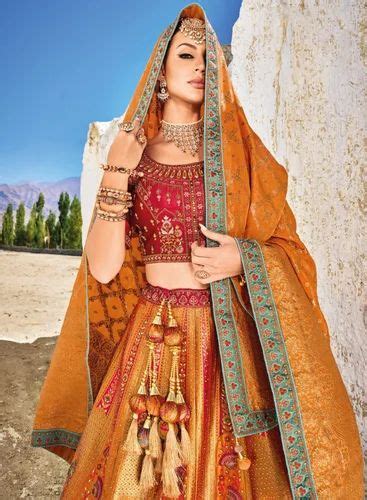 Mustard Yellow Sequins Embroidered Banaras Silk Bridal Lehenga At Rs