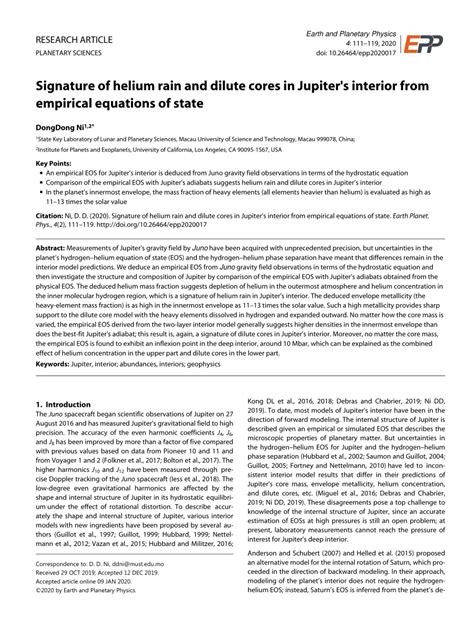 Pdf Signature Of Helium Rain And Dilute Cores In Jupiter S Interior From Empirical Equations