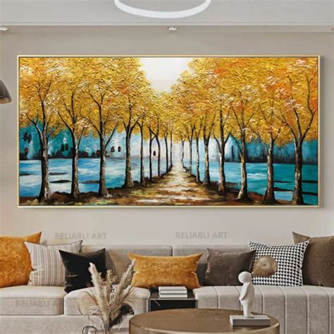 Jual Lukisan Tangan Frame Wall Art Gold Tree Landscape On Canvas Kab