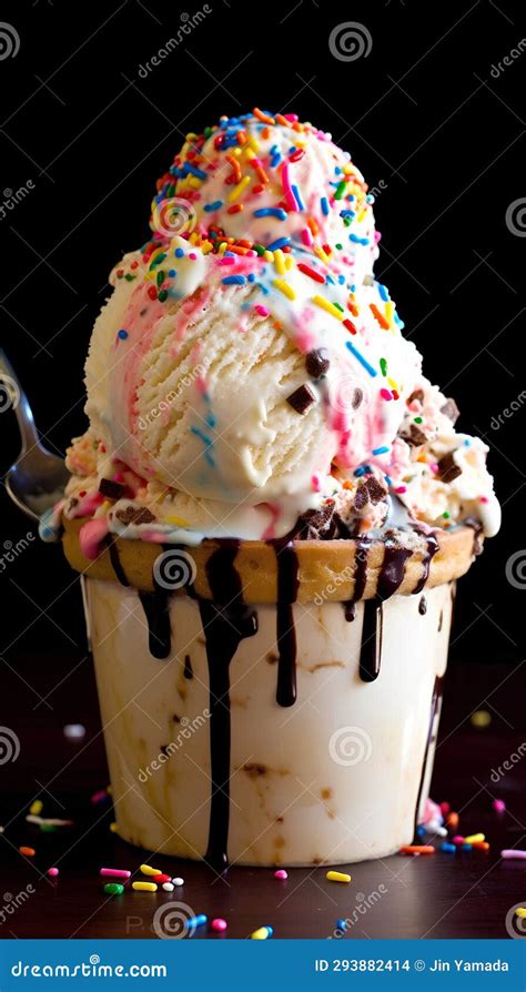 Vanilla Ice Cream With Chocolate Sauce And Colorful Sprinkles On Black