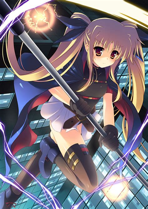 The Big Imageboard Tbib 1girl Bardiche Nanoha Blonde Hair Cape Chest Belt City Commentary